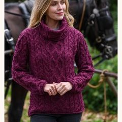 Womens Merino Wool Aran Jumper - Berry colour - Size M UK 10 - RRP 113