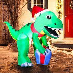 152CM Dinosaur Christmas Inflatable Decoration, Blow Up Dino Inflatable Build-in LEDs Light Up Giant Christmas Yard Decor for Xmas Holiday Outdoor Garden Decoration