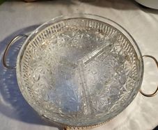 Vintage 70s Crystal divided dish 3 sections-Daisy and Button Pattern - in Silver Plated Stand.