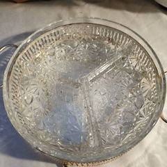 Vintage 70s Crystal divided dish 3 sections-Daisy and Button Pattern - in Silver Plated Stand.