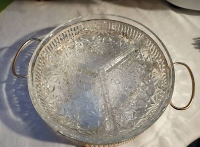 Vintage 70s Crystal divided dish 3 sections-Daisy and Button Pattern - in Silver Plated Stand.