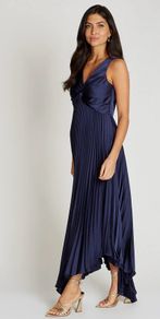 Navy Satin Pleated Midaxi Dress Debs