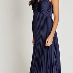 Navy Satin Pleated Midaxi Dress Debs