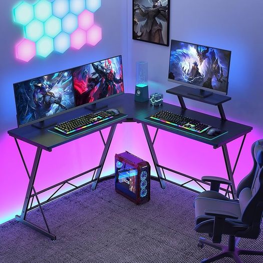 NEW SALE | Computer Desk with Monitor Stand 130cm L-Shaped Corner Gaming Desk Office Writing Desk & Workstation for Home Office Bedroom Space-Saving Easy to Assemble Black