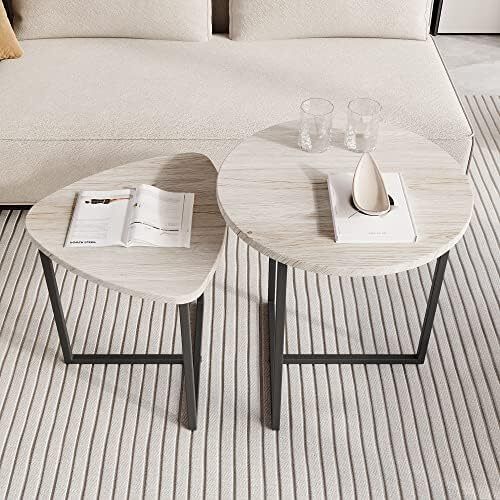 Round Coffee Table Set of 2,Small Coffee Table Living Room Tables,Metal Frame with Wood Side Table,Sofa Tea Table for Small Space/Living Room/Bedroom,Stacking Side Tables,Black + OAK
