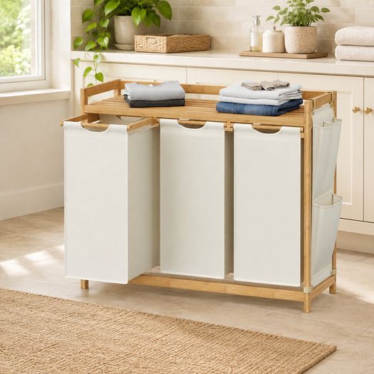Bamboo Laundry Sorter with 3 Removable Bags and Storage Shelf 150L