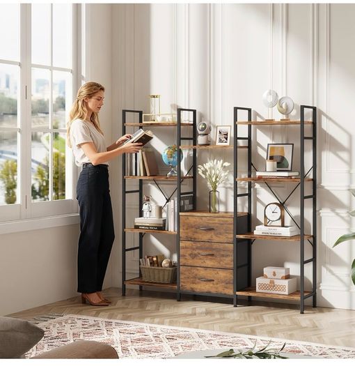 4-Tier Bookcase with Drawers, 100cm Wide Rustic Brown Shelving Unit 142cm Height, 10 Open Shelves + 3 Fabric Drawers, Industrial Rustic, For Living/Bedroom/Home Office, Large Storage