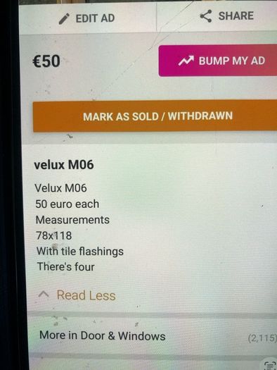velux windows 4 in total with tile flashing 50 euros each