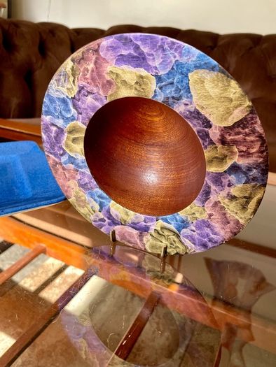 Hand Lathed Signed Coloured Edge Bowl Solid Mahogany