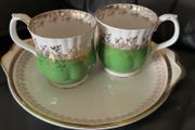 Vintage Royal Albert Regal Series bone china teacups in green with gold floral filigree