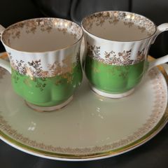 Vintage Royal Albert Regal Series bone china teacups in green with gold floral filigree