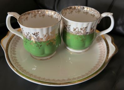 Vintage Royal Albert Regal Series bone china teacups in green with gold floral filigree