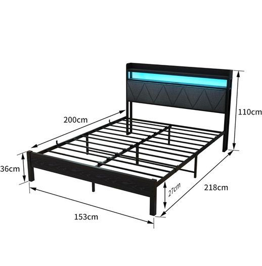 King Size Bed Frames with 5ft Upholstered Wooden Two-shelf Storage Headboard, Charging Station,LED Lights