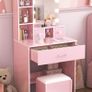 Dressing Table with Mirror and Stool, 10 LED Light Bulbs Vanity Desk with Storage Shelves & 3 Drawers, Kids Vanity Table and Chair Bedroom Furniture Girls Vanity Set 60cm Pink Makeup Desk Image 4