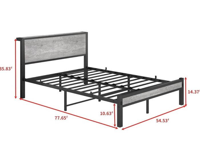 Double Bed Frame Storage Wooden Headboard Metal Platform Grey wood headboard storage shelf. Sturdy metal platform frame, no box spring needed. Quiet strong legs. for master bedroom
