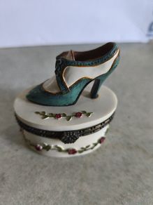 Vintage Antique Oval Ceramic Shoe Trinket Box Hinged Lid Floral Design Jewellery Box Victorian Shoe Trinket Box