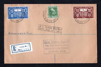 1949 Ireland Anniversary of the Death of James Clarence Mangan Commemorative Stamp First Day Registered Plain Cover (FDC) with Faiche an Cholaiste (College Green, Dublin) cancel also with Republic of Ireland International Recognition of the Republic stamp