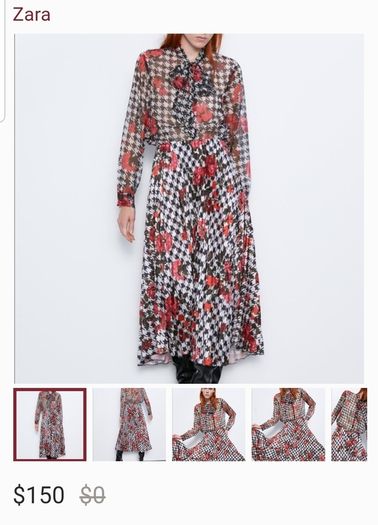 Zara Multicoloured Houndstooth & Floral Print Pleated Flowing Midi Skirt  Xs
