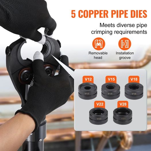Copper Tube Fittings Hydraulic Pipe Crimping Tool, Pressing Plier with V12, V15, V18, V22, V28 Quick Change Jaws, 360 Rotatable Press Kit for Confined Spaces Tee Fittings Hydraulically Driven