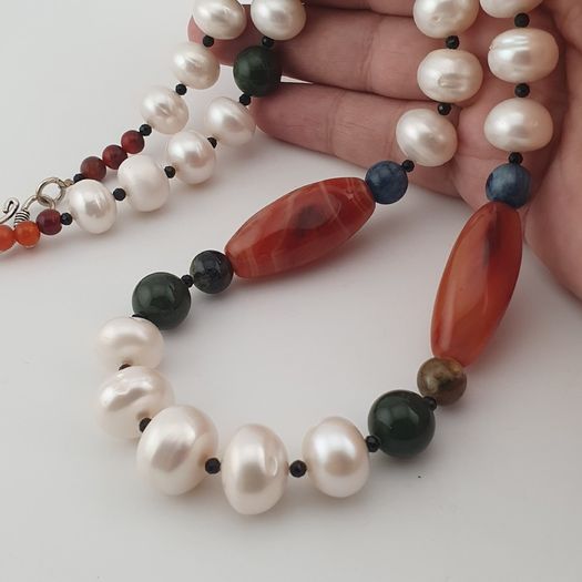 Authentic Freshwater Pearl Necklace with African Carnelian & Jade Beads