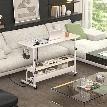 Mobile Standing Desk with Integrated UK Power Outlets & USB Ports, Height Adjustable (70-104cm) C-Shaped Rolling Laptop Table on Wheels for Home Office, Bedside, and Sofa, White
