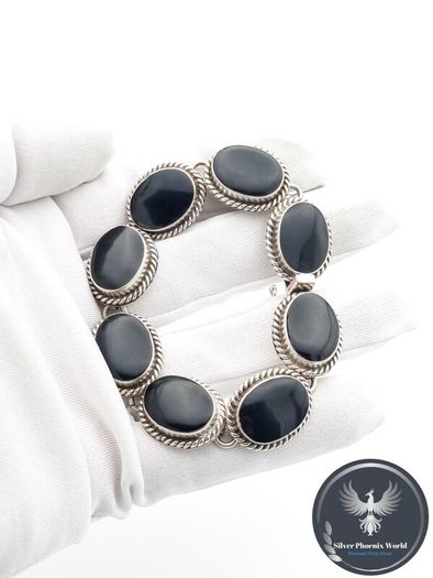 Vintage Signed Mexico Sterling Silver Onyx Chunky Bracelet