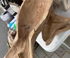 Beautiful hand-carved rustic wooden bowl/platter shaped like a fish. Features stunning natural wood grain patterns and character. Perfect as a unique table centerpiece, fruit bowl, keys tray, or coastal-themed home