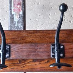 Oak and Iron Antique Coat Hang set of 4 hooks Original to go on the wall or back of door very solid