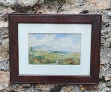 Original Watercolor Countryside Landscape Painting in Dark Wood Frame (Matted)