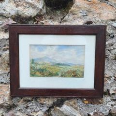 Original Watercolor Countryside Landscape Painting in Dark Wood Frame (Matted)
