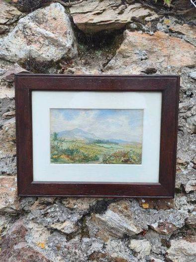 Original Watercolor Countryside Landscape Painting in Dark Wood Frame (Matted)