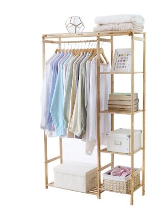 BRAND NEW Bamboo Wood Clothing Garment Rack with Shelves Clothes Hanging Rack