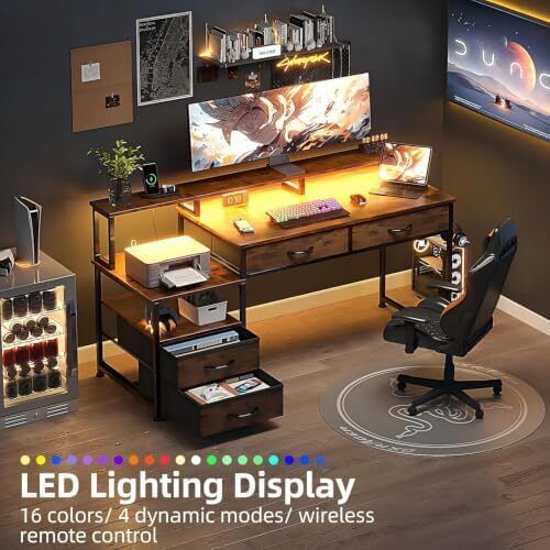 Computer desk with Power Outlet and Drawers Charging Station, LED Light