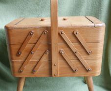 Vintage sewing box, mid century sewing basket wooden sewing box, wooden fold out box