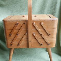 Vintage sewing box, mid century sewing basket wooden sewing box, wooden fold out box