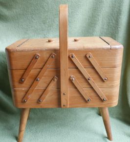 Vintage sewing box, mid century sewing basket wooden sewing box, wooden fold out box