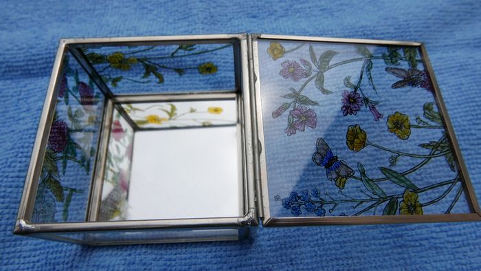 Vintage Hand Painted Waterside Flowers R Stained Glass Mirror Box