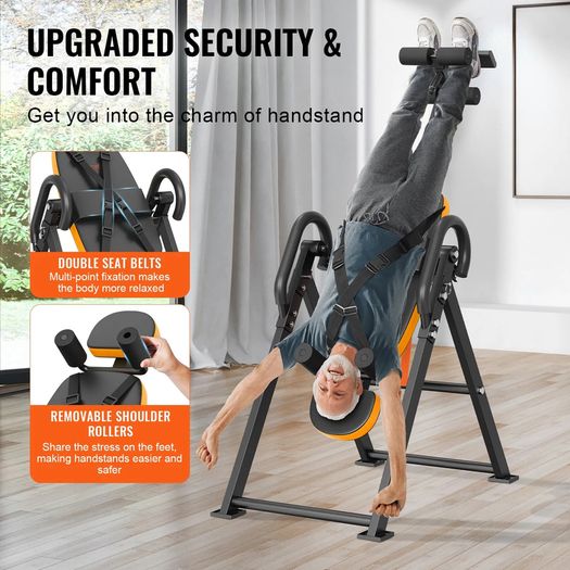 Inversion Table, 300lbs Capacity Heavy Duty Inversion Table, Decompression Back Stretcher Machine, Strength Training Equipment with Headrest, Ankle Lock, Adjustable Protective Belt, Orange/Black
