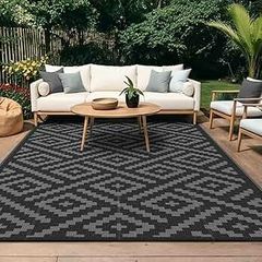 Outdoor Rug Garden Rugs Waterproof Reversible Recycled Outdoor Carpet Washable UV Resistant Modern Area Rugs for Patios, Picnic, Backyard, 240 by  300cm, Black & Grey