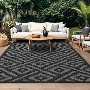 Outdoor Rug Garden Rugs Waterproof Reversible Recycled Outdoor Carpet Washable UV Resistant Modern Area Rugs for Patios, Picnic, Backyard, 240 by  300cm, Black & Grey