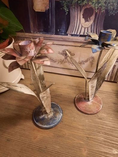 2 Handpainted Shabby Chic Metal Candleholders, AV