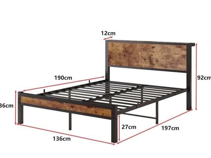 Double Bed Frame with Storage Headboard,Brown 4ft6 Metal Platform Bed frame with Wooden Headboard,Mattress Base,Underbed Storage,No Box Spring Needed