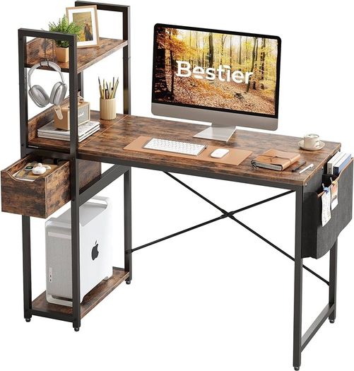 Computer Desk with Storage Shelves 120CM Corner Desk with Drawer Reversible Computer Desk Writing Table with Side Pocket Storage Bag and Headphone Hook for Home Office Small Space