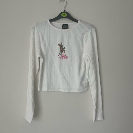 Disney Classics x Primark Bambi Ribbed Long Sleeve White Crop Top -  Size M