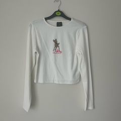 Disney Classics x Primark Bambi Ribbed Long Sleeve White Crop Top -  Size M
