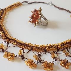 Hand Beaded Necklace & Ring /Amber Colour / A Nice Gift