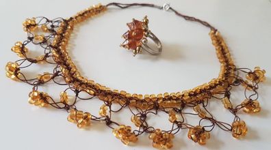 Hand Beaded Necklace & Ring /Amber Colour / A Nice Gift