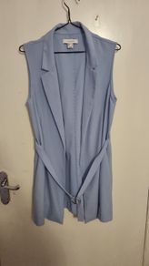 Light Blue Sleeveless Long Vest with Belt