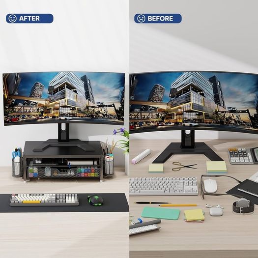 Monitor Stand Riser Metal, Office Desk riser with shelf Organizer, Office Organization ,Desk Organizer with Drawer and Pen Holder, 2-Tier Computer Stand, for iMac, PS4, PC, Printer, Notebook (Black)