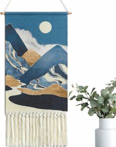 Macrame Wall Hanging Tapestry Blue Boho Woven Wall Art Decor Chic Home Bohemian Moon Tapestries Sun Mountain Cloud Aztec (MULTIPLE DESIGNS)
